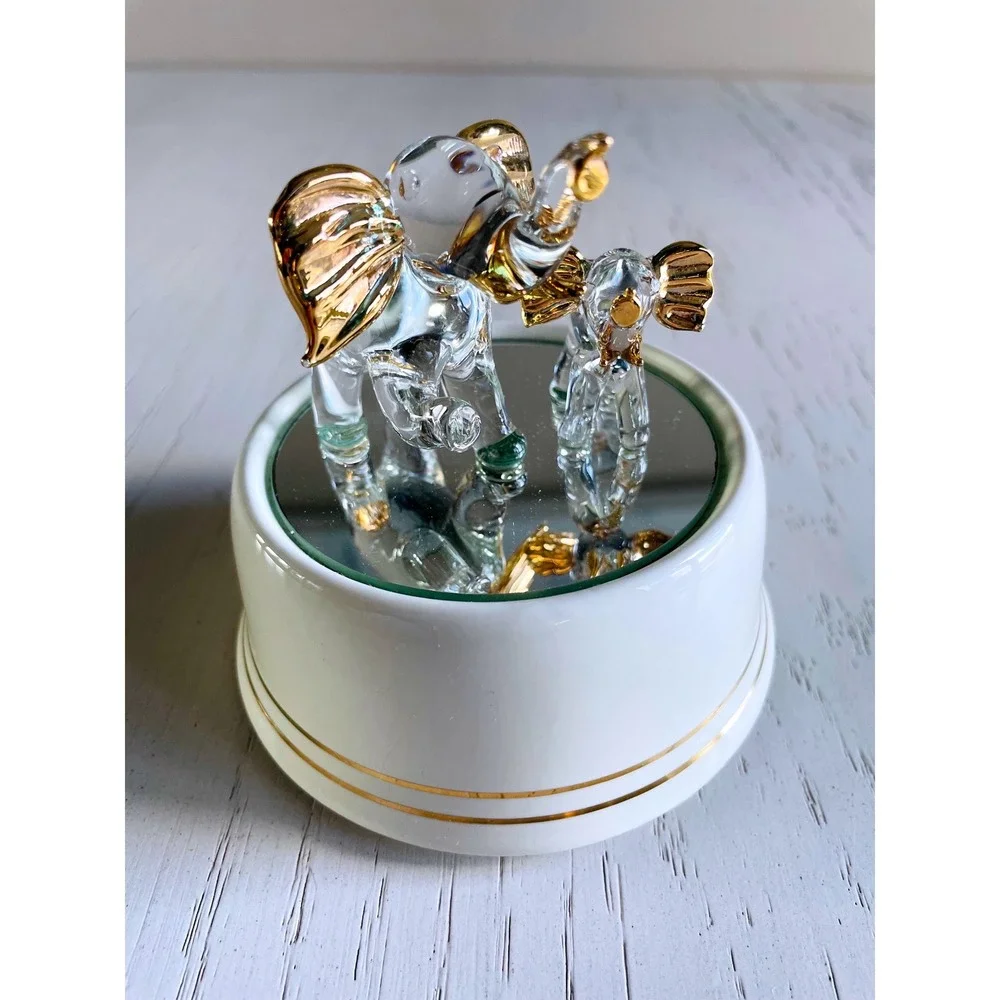 Vintage Glass Elephant Family Music Box White Gold Tone Mirror Base Plays Tune